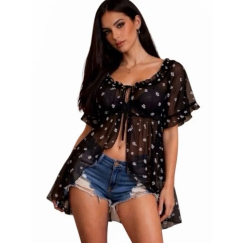 Free People Black Sheer Lace Embroidered Floral Tunic Top XS Boho Goth Festival - Picture 2 of 12